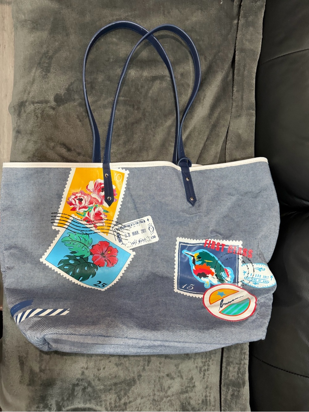 Vera Bradley Blue Canvas Tote with Colorful Stamp Patches